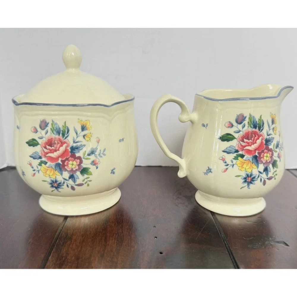 Table Mates Floral Cream and Sugar Set Pink Rose Blue Trim Ceramic Malaysia